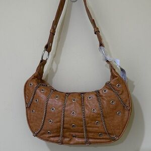 Chic Vegan leather Camel Shoulder Bag Women’s Handbag with Chain Details